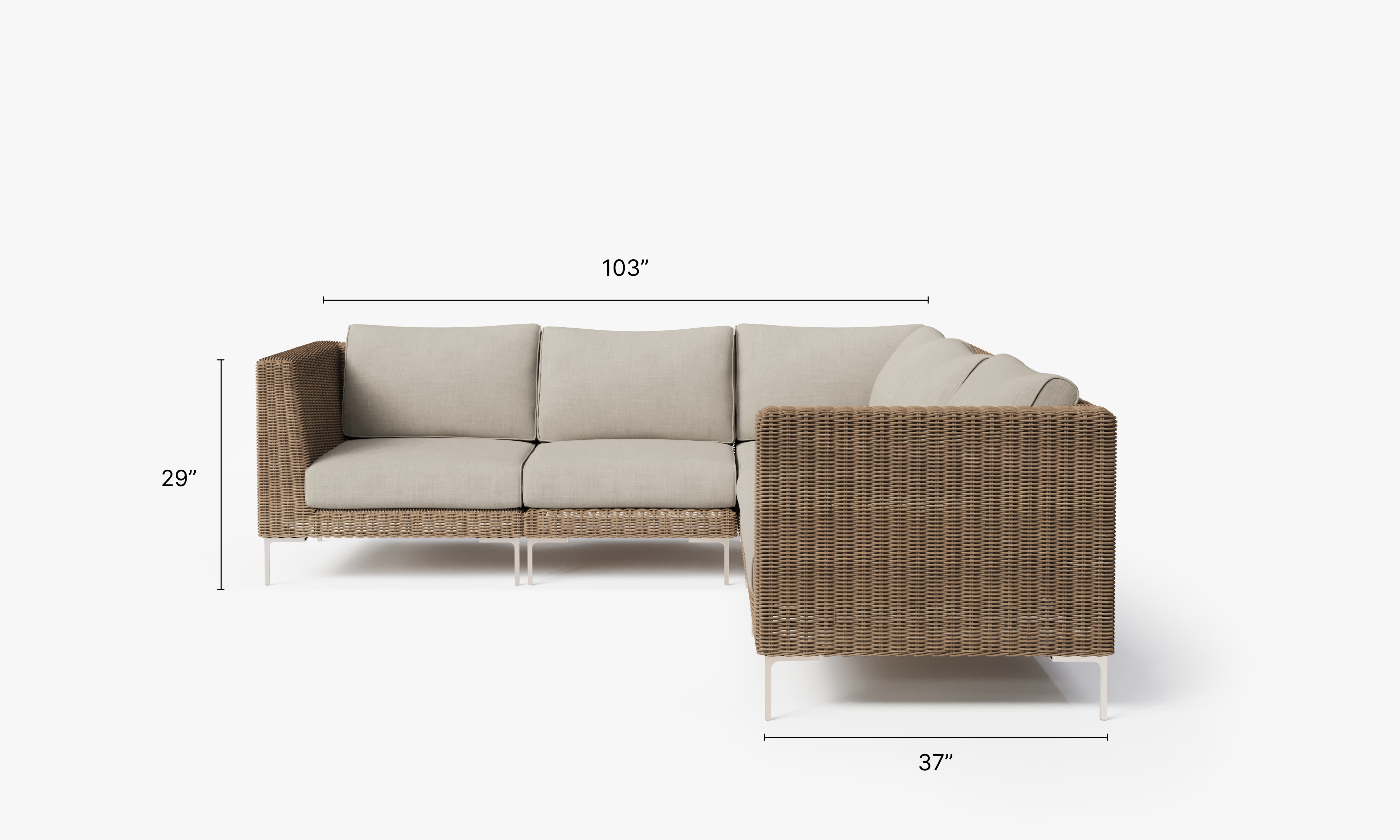 Brown Wicker Outdoor Corner Sectional - 5 Seat dimensions in inches, also listed under Dimensions and Weights. #color_sandstone gray