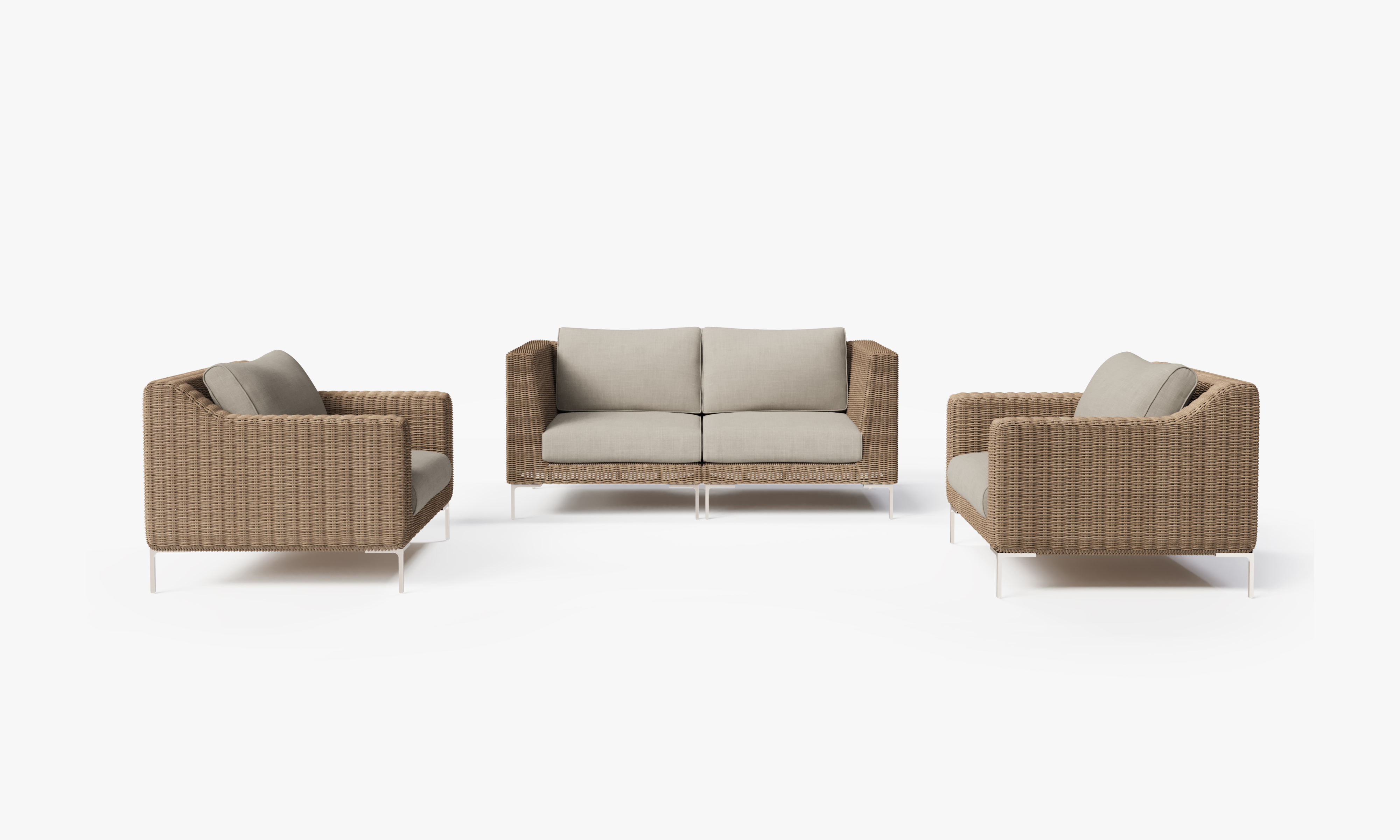Brown Wicker Outdoor Loveseat with Armchairs - 4 Seat, front. Comfortable, durable, and weather resistant outdoor seating with memory foam. #color_sandstone gray
