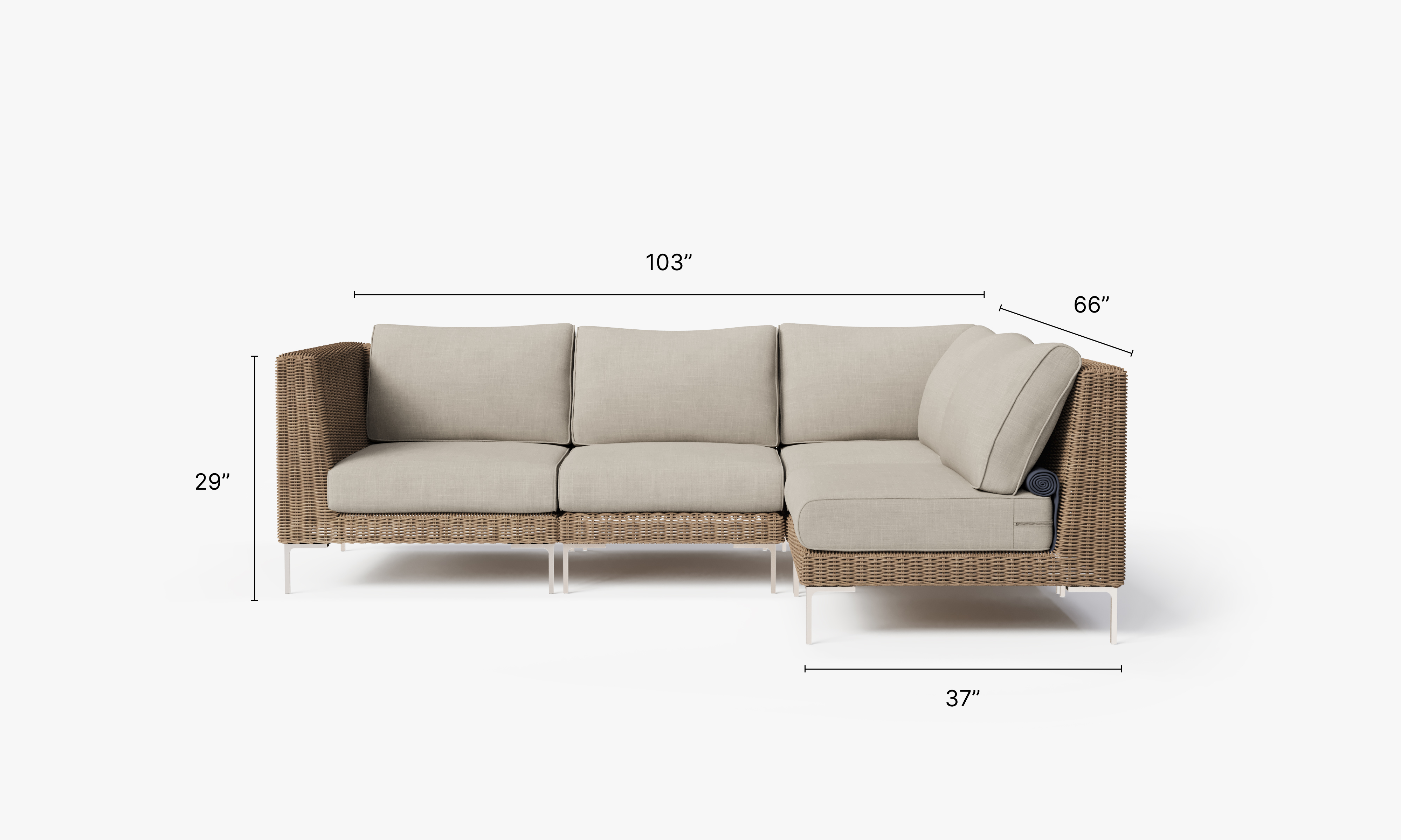 Brown Wicker Outdoor L Sectional - 4 Seat dimensions in inches, also listed under Dimensions and Weights. #color_sandstone gray