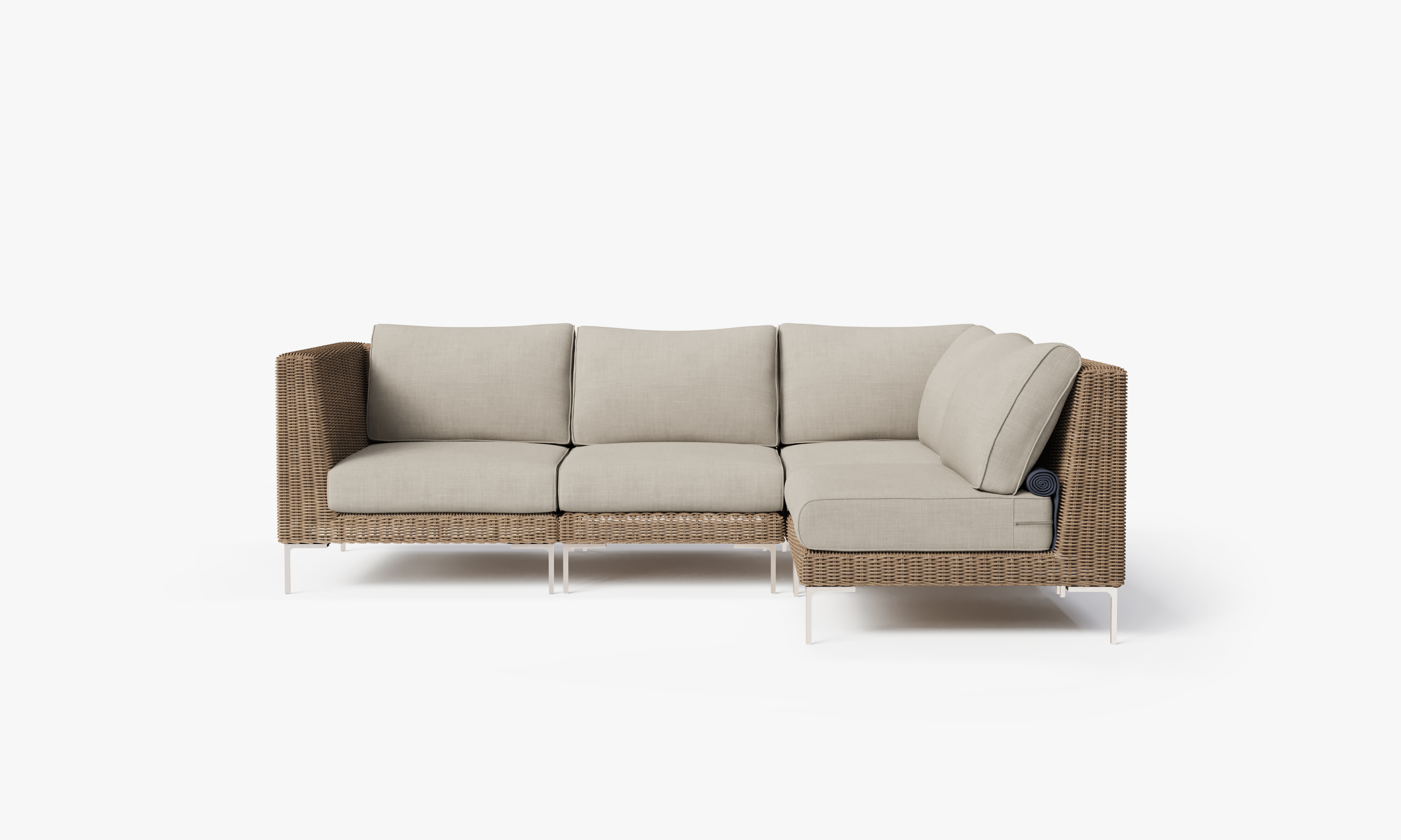 Brown Wicker Outdoor L Sectional - 4 Seat, front. Comfortable, durable, and weather resistant outdoor seating with memory foam. #color_sandstone gray