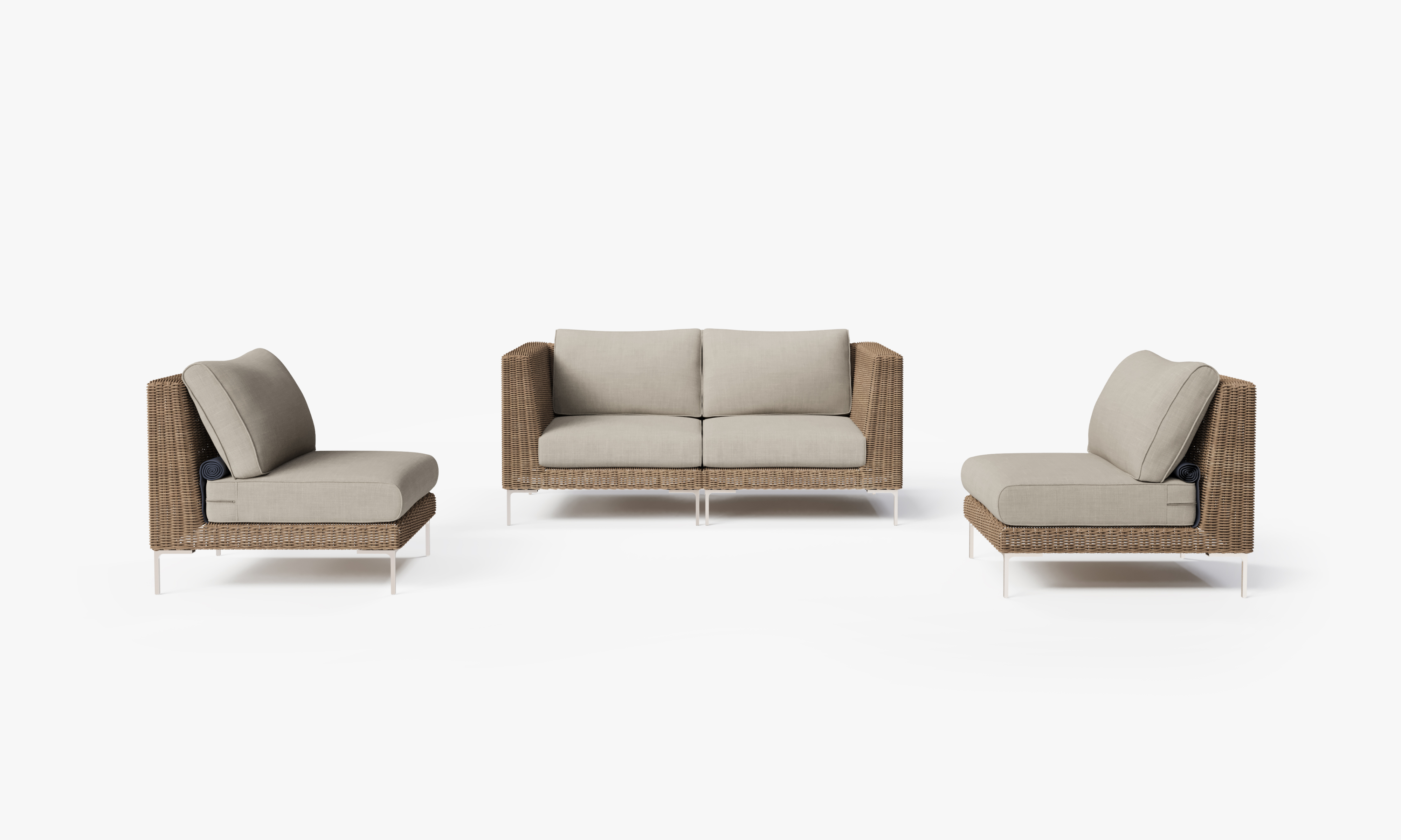 Brown Wicker Outdoor Loveseat with Armless Chairs - 4 Seat, front. Comfortable, durable, and weather resistant outdoor seating with memory foam. #color_sandstone gray