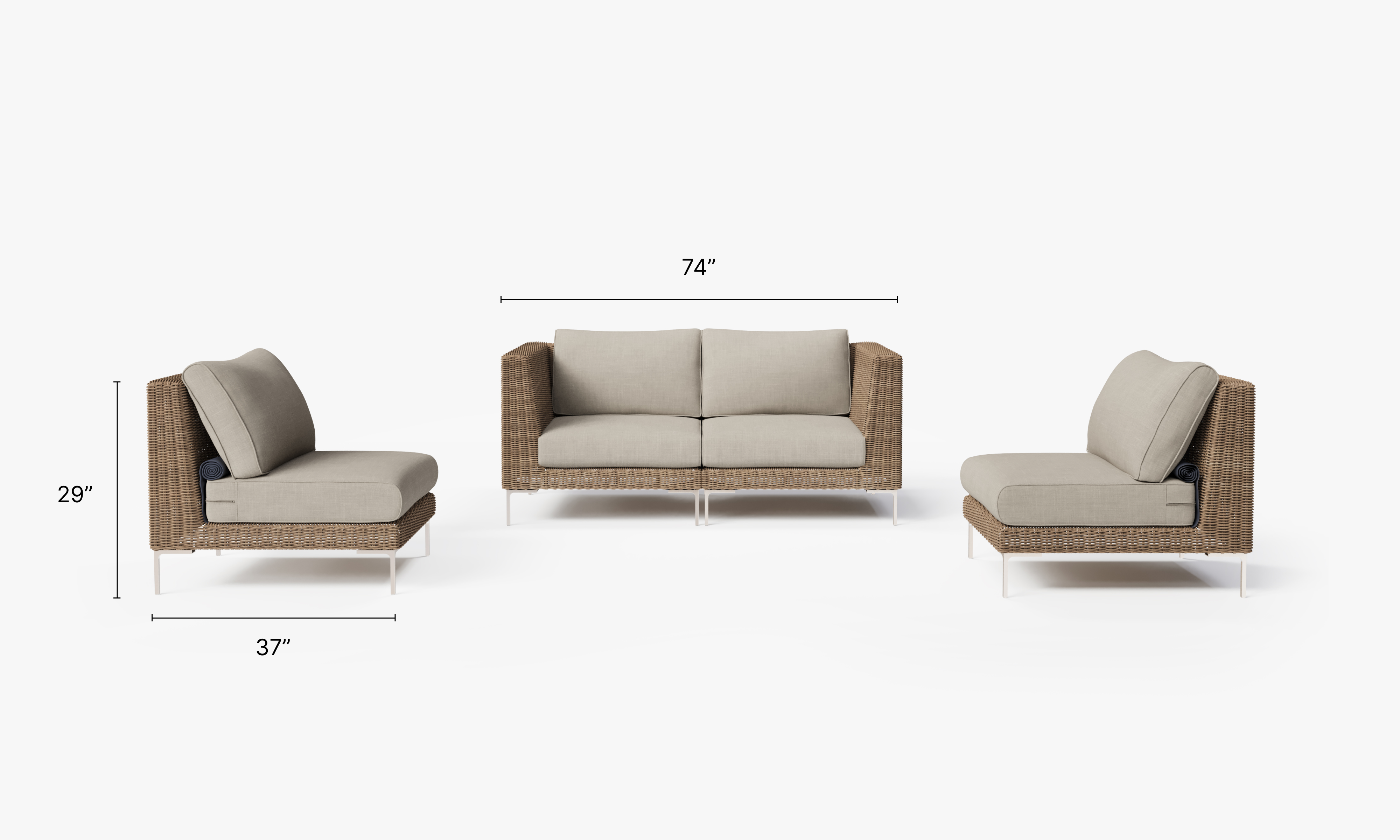 Brown Wicker Outdoor Loveseat with Armless Chairs - 4 Seat dimensions in inches, also listed under Dimensions and Weights. #color_sandstone gray