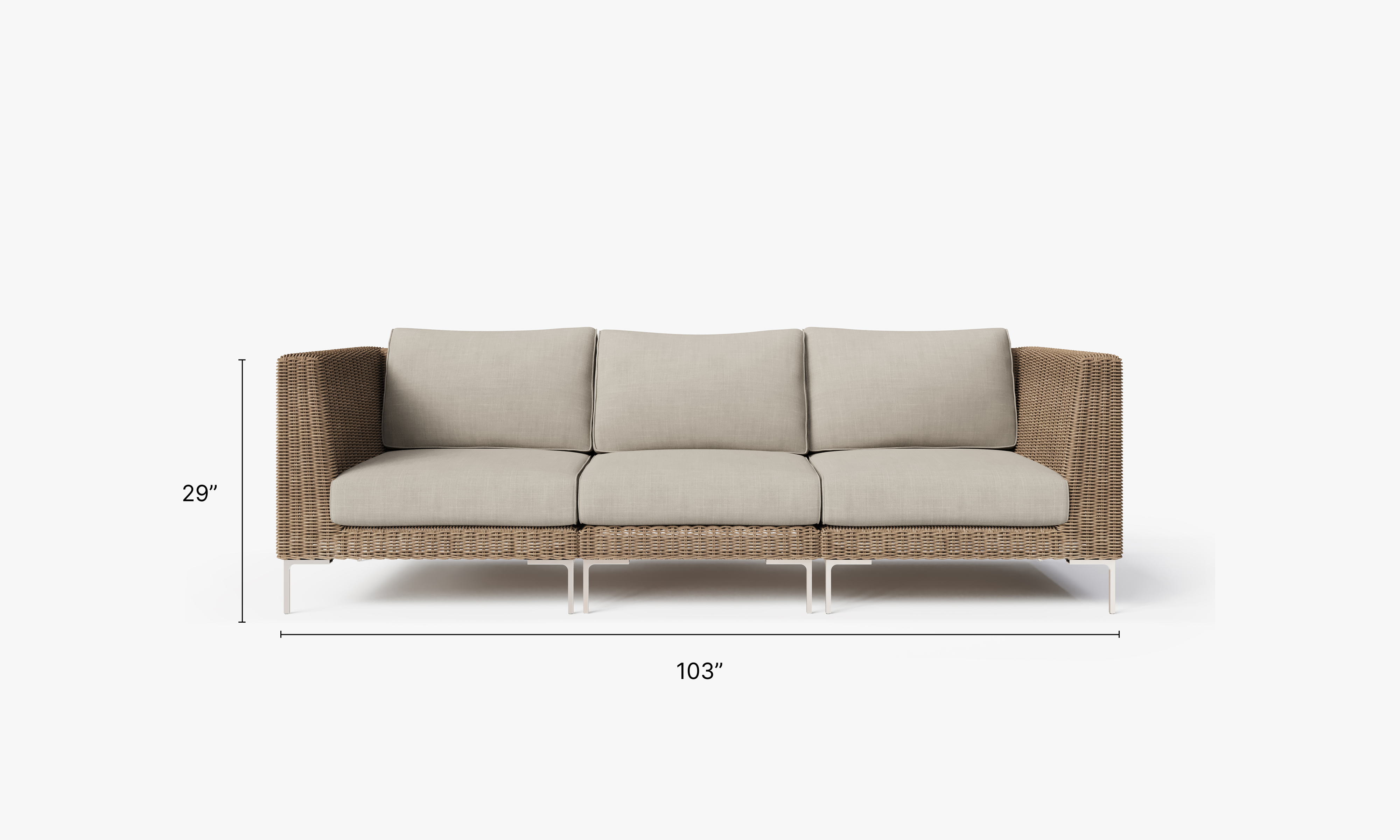 Brown Wicker Outdoor Sofa - 3 Seat dimensions in inches, also listed under Dimensions and Weights. #color_sandstone gray