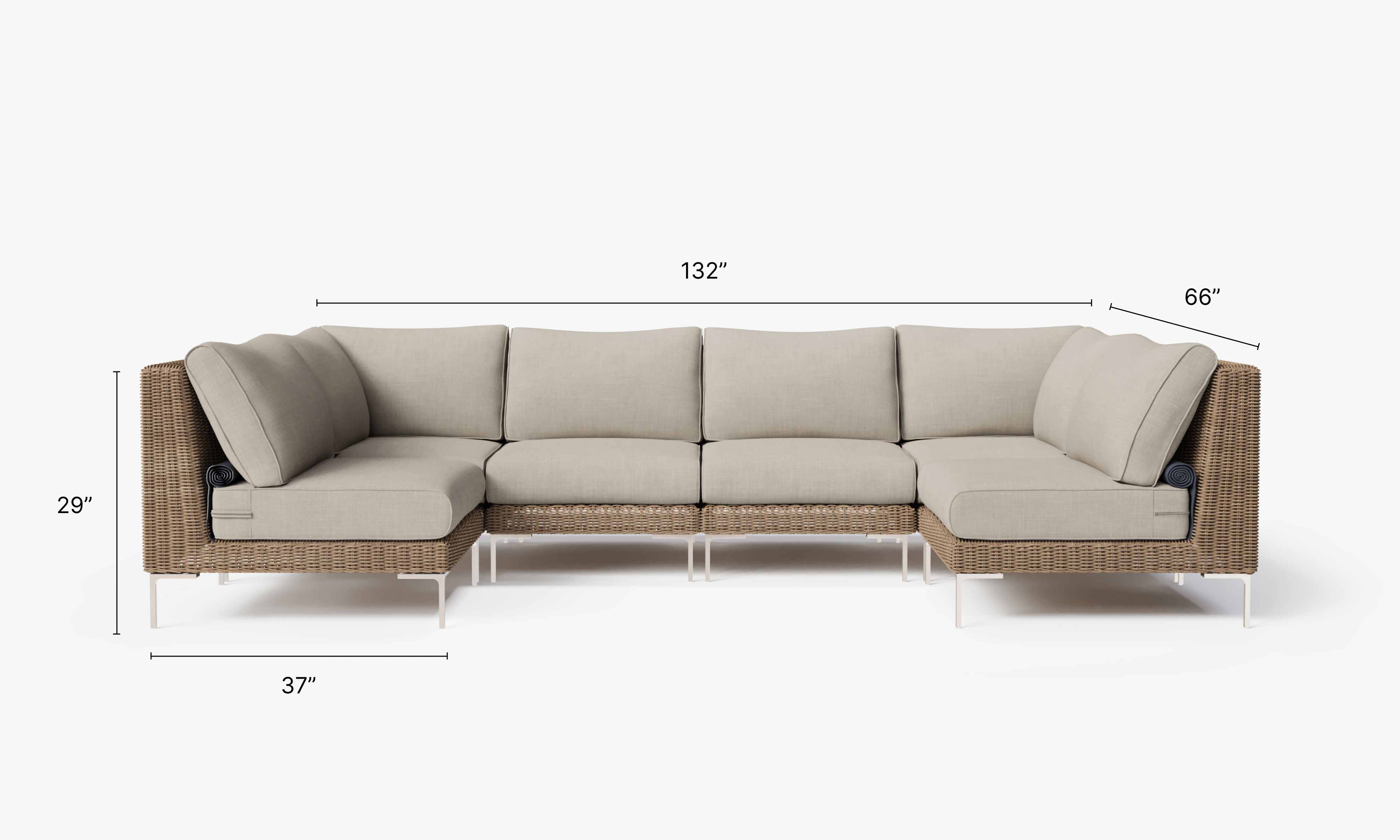 Brown Wicker Outdoor U Sectional - 6 Seat dimensions in inches, also listed under Dimensions and Weights. #color_sandstone gray