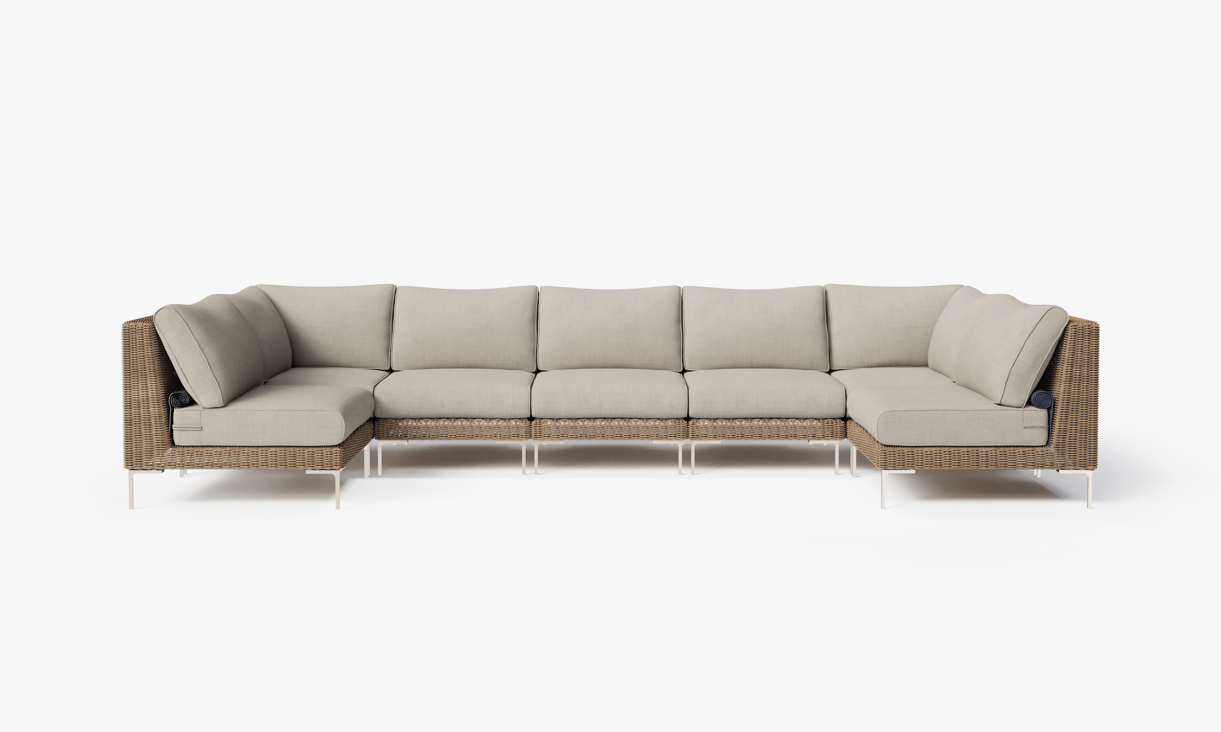 Brown Wicker Outdoor U Sectional - 7 Seat, front. Comfortable, durable, and weather resistant outdoor seating with memory foam. #color_sandstone gray
