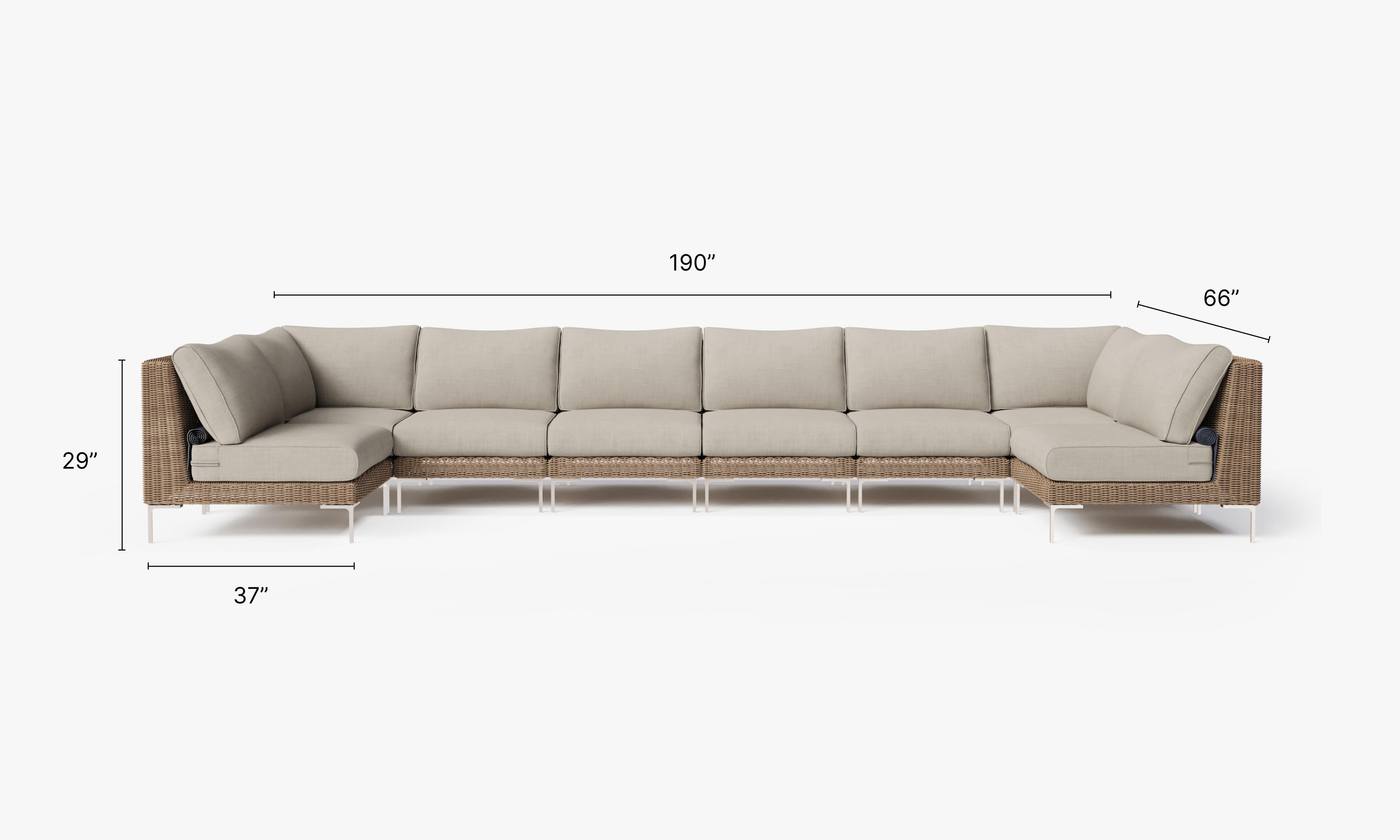 Brown Wicker Outdoor U Sectional - 8 Seat dimensions in inches, also listed under Dimensions and Weights. #color_sandstone gray