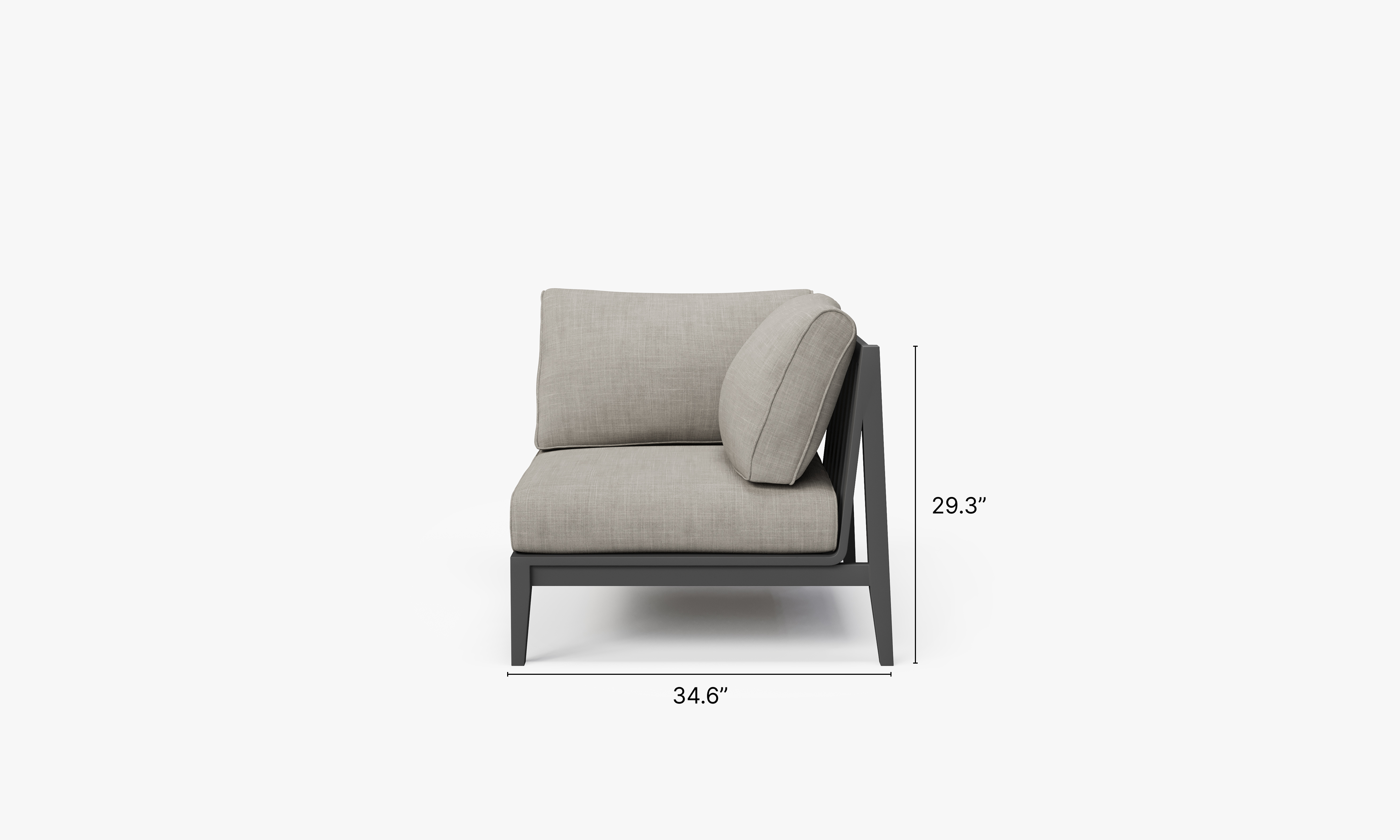 Charcoal Aluminum Outdoor Corner Chair - Left dimensions in inches, also listed under Dimensions and Weights. #color_sandstone gray