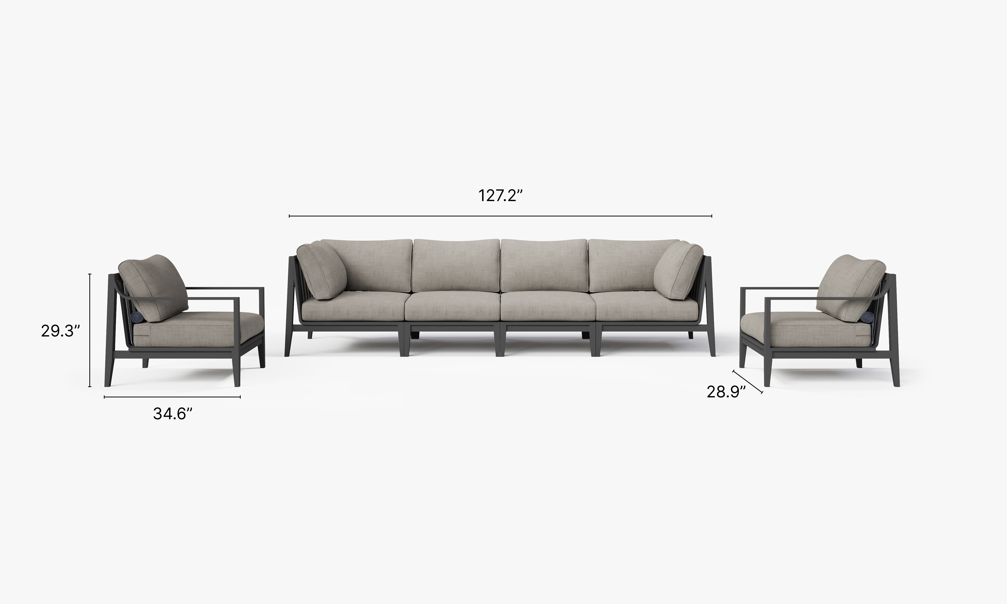 Charcoal Aluminum Outdoor Sofa with Armchairs - 6 Seat dimensions in inches, also listed under Dimensions and Weights. #color_sandstone gray