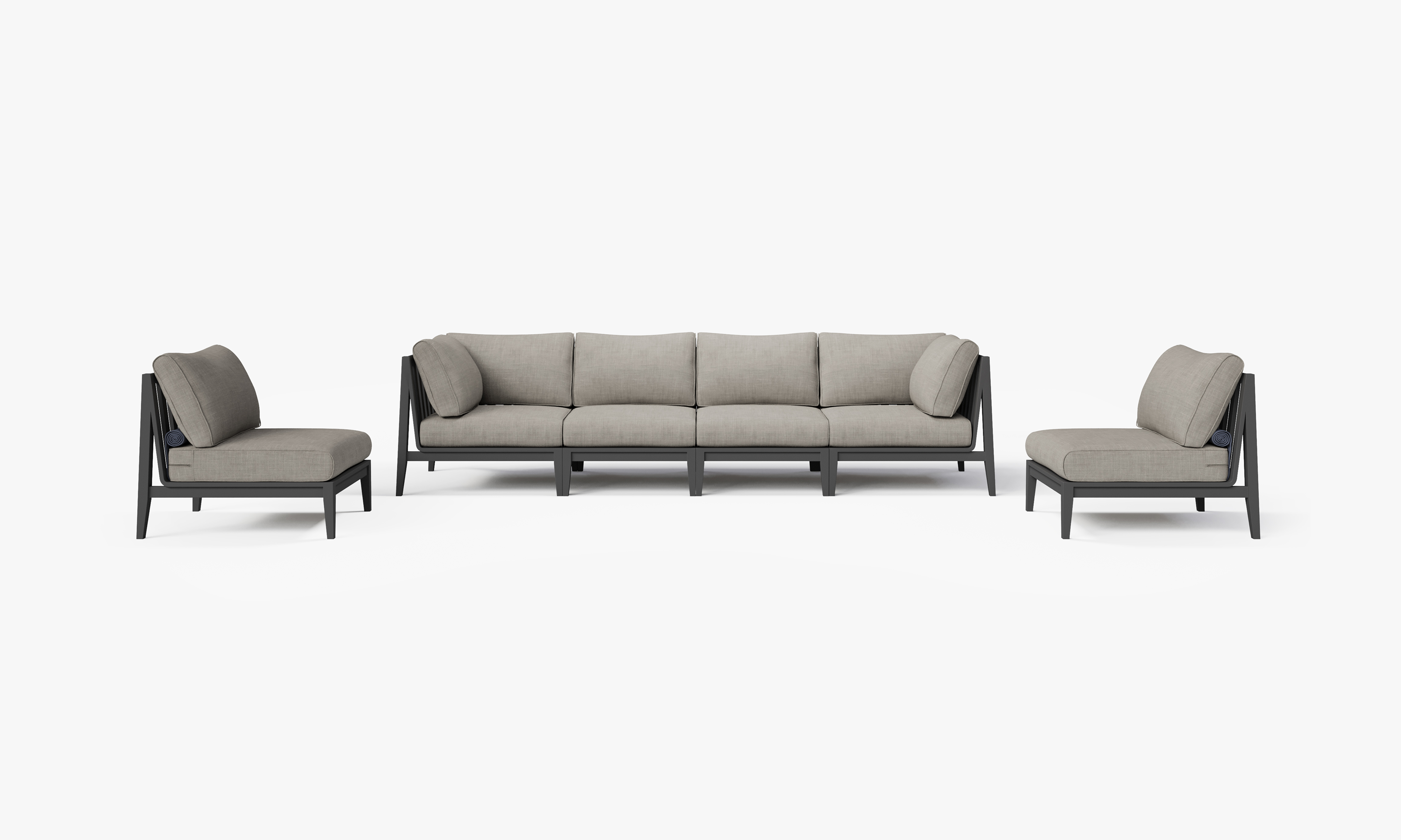 Charcoal Aluminum Outdoor Sofa with Armless Chairs - 6 Seat, front. Comfortable, durable, and weather resistant outdoor seating with memory foam. #color_sandstone gray