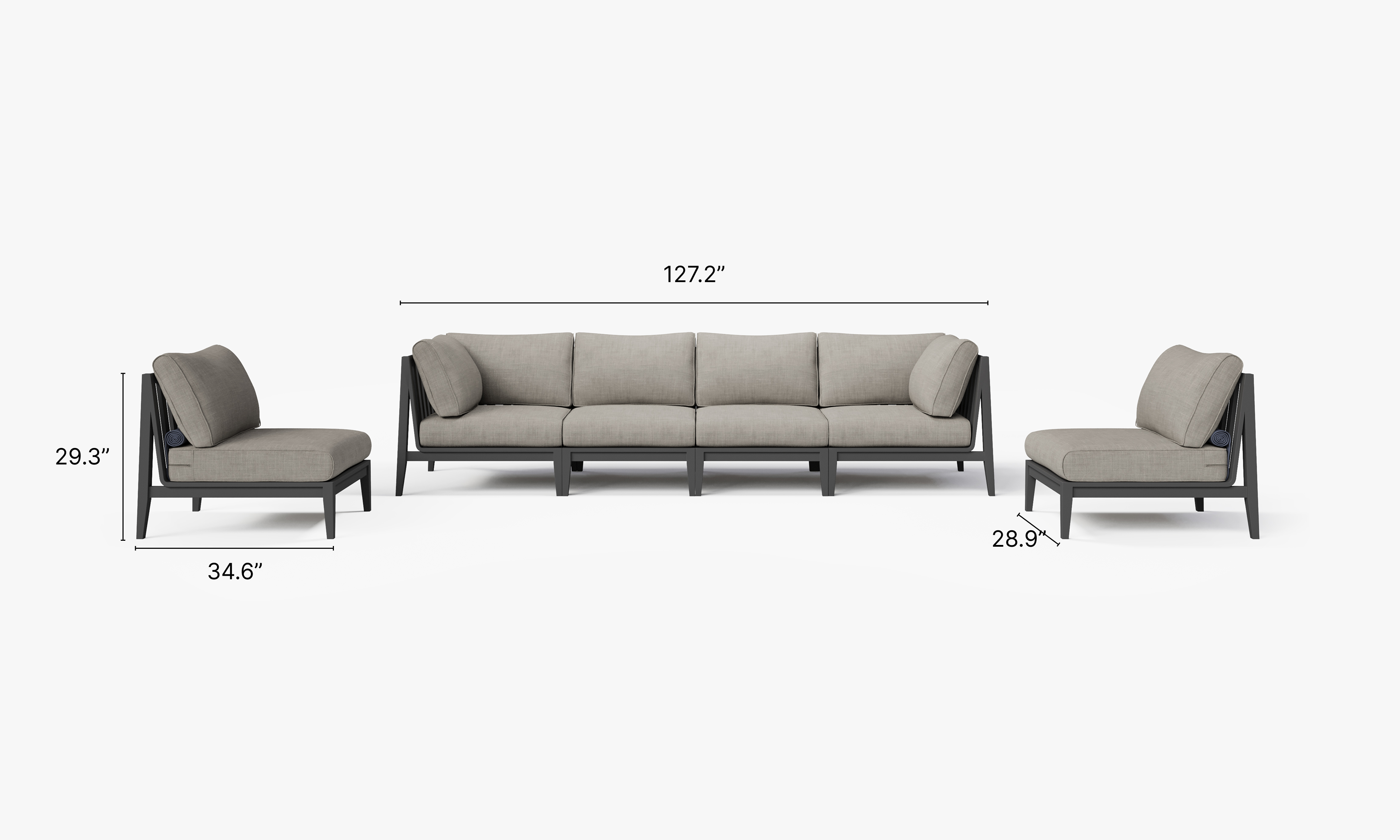 Charcoal Aluminum Outdoor Sofa with Armless Chairs - 6 Seat dimensions in inches, also listed under Dimensions and Weights. #color_sandstone gray