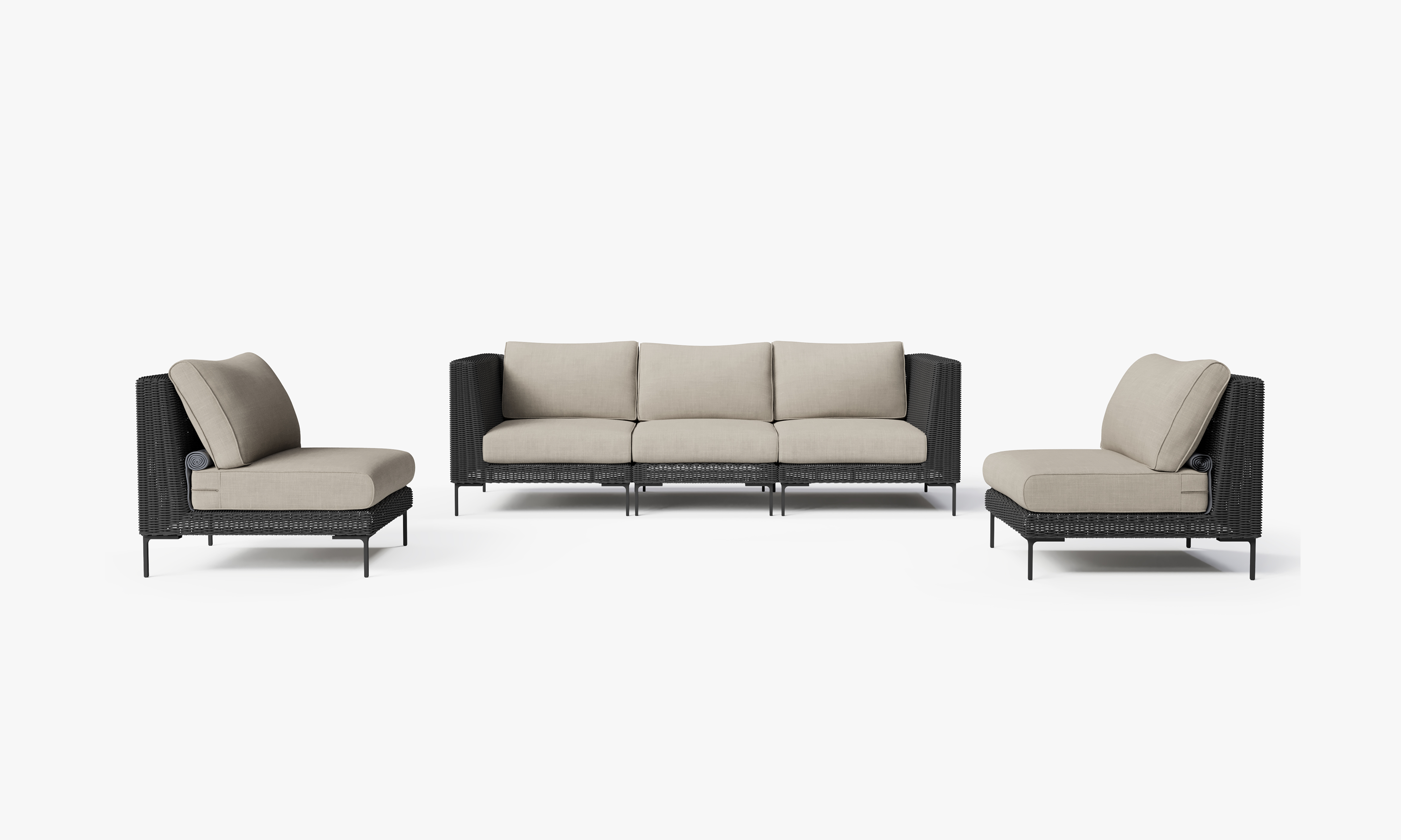 Black Wicker Outdoor Sofa with Armless Chairs - 5 Seat, front. Comfortable, durable, and weather resistant outdoor seating with memory foam. #color_sandstone gray