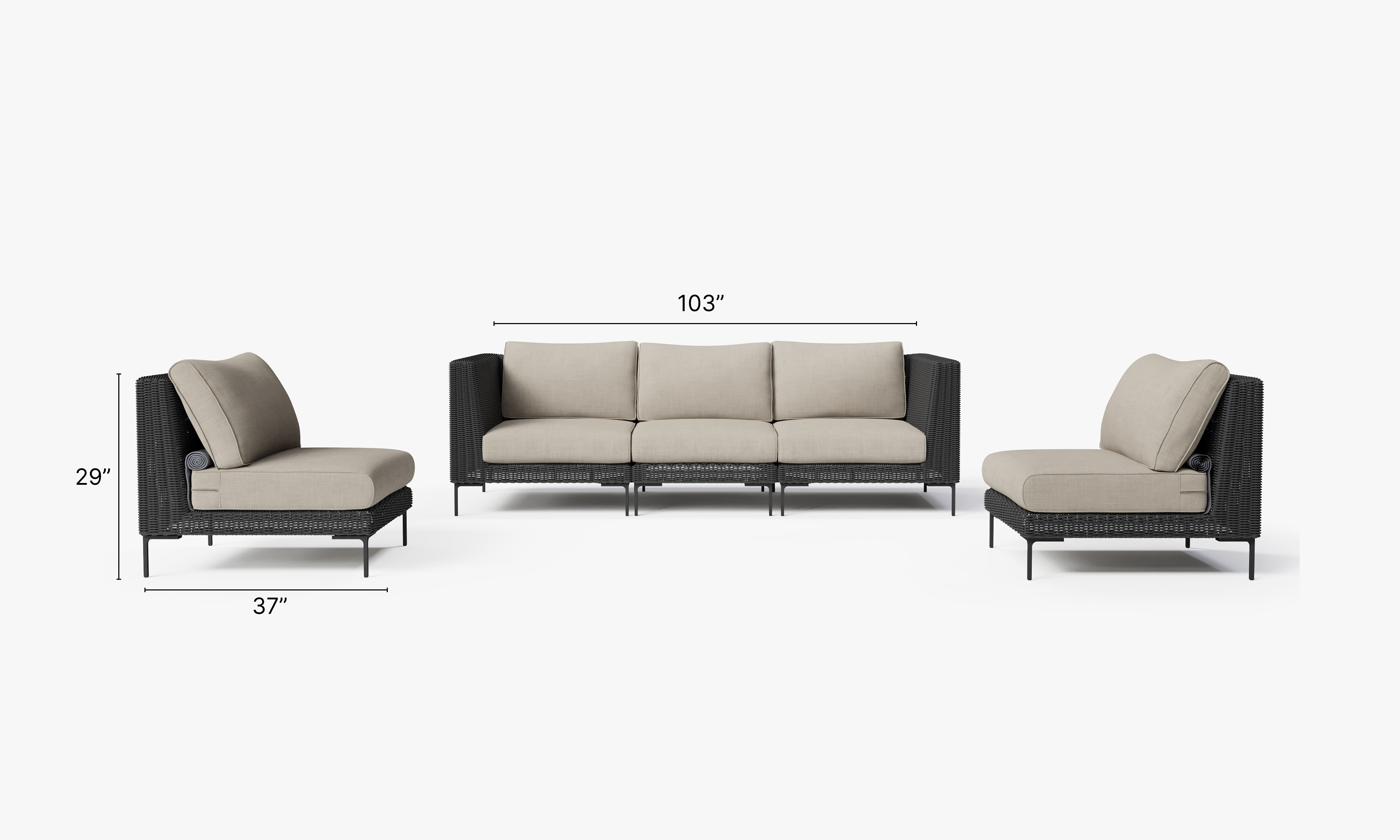 Black Wicker Outdoor Sofa with Armless Chairs - 5 Seat dimensions in inches, also listed under Dimensions and Weights. #color_sandstone gray