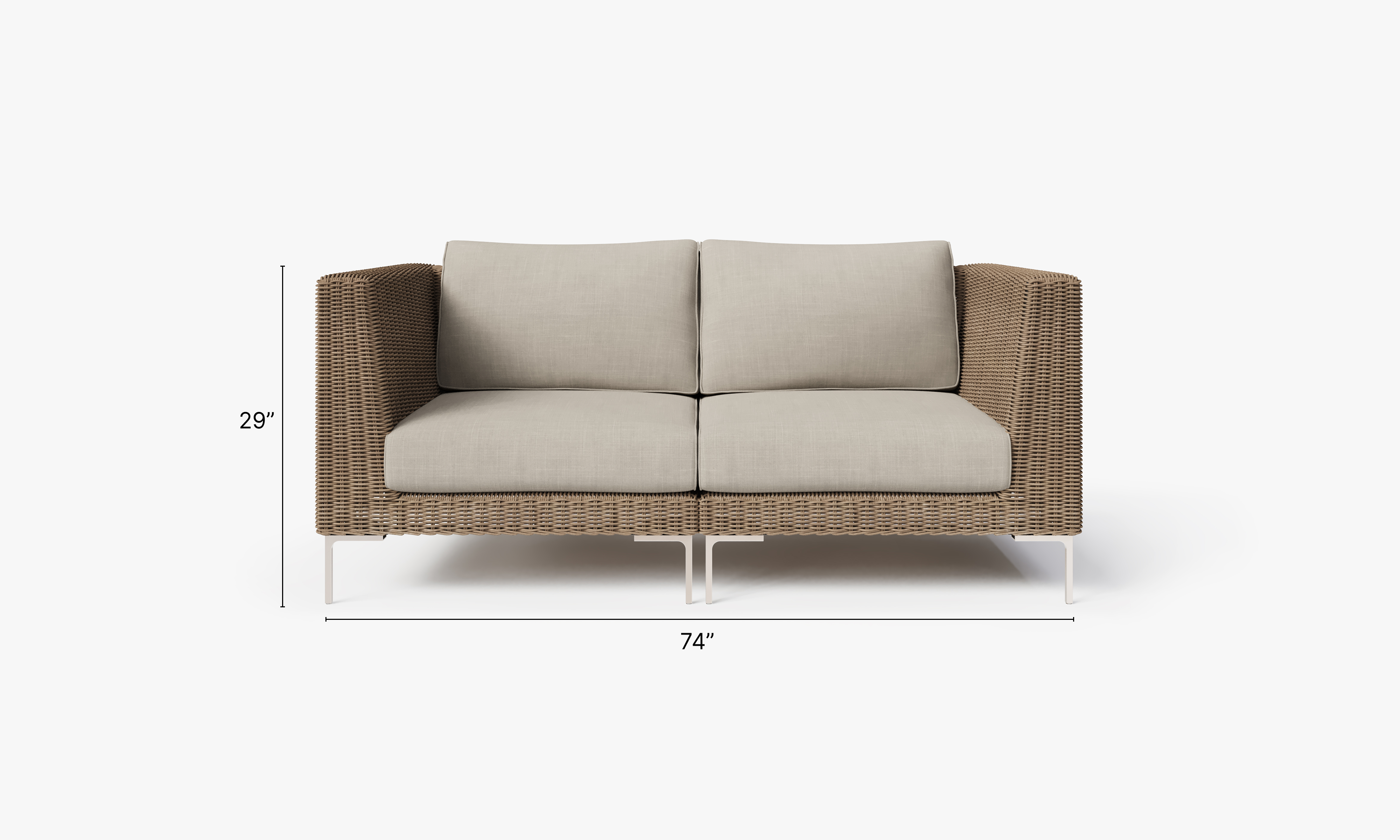 Brown Wicker Outdoor Loveseat dimensions in inches, also listed under Dimensions and Weights. #color_sandstone gray