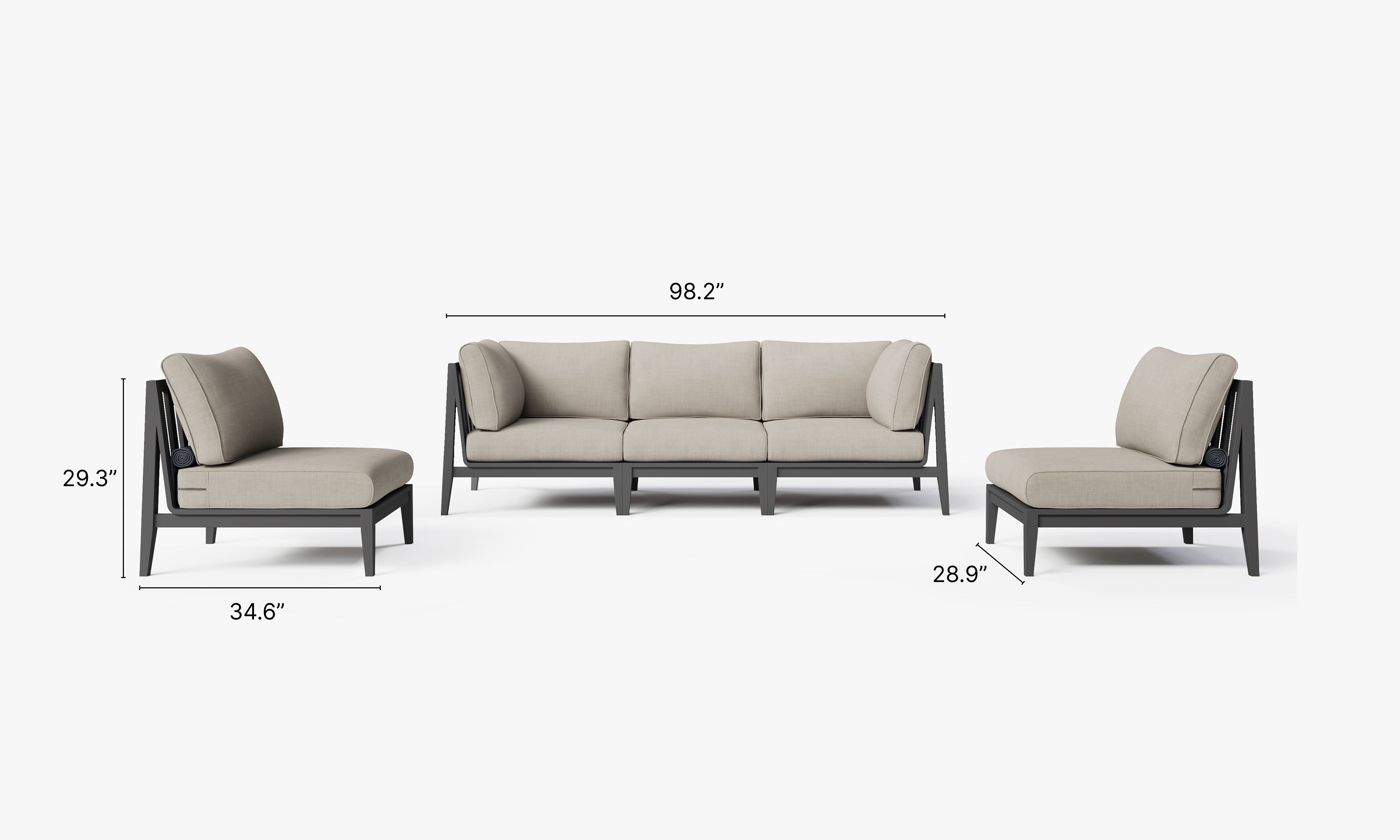 Charcoal Aluminum Outdoor Sofa with Armless Chairs - 5 Seat dimensions in inches, also listed under Dimensions and Weights. #color_sandstone gray