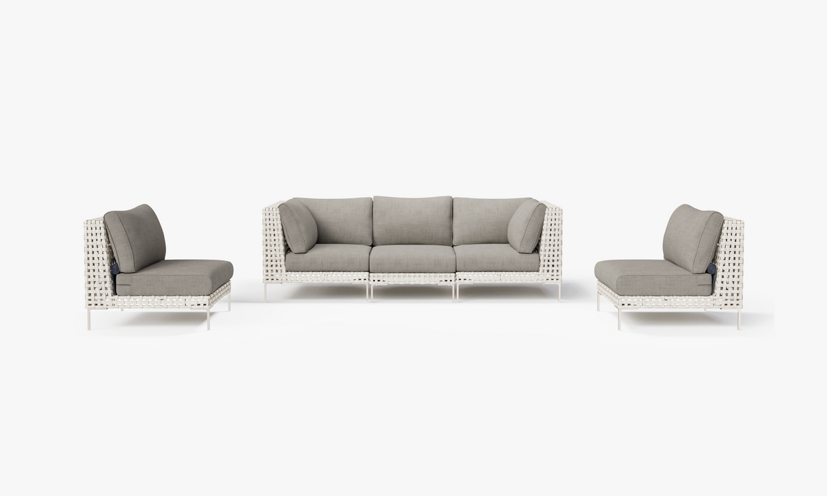 Open Weave Wicker Outdoor Sofa with Armless Chairs - 5 Seat in Sandstone Gray #color_sandstone gray