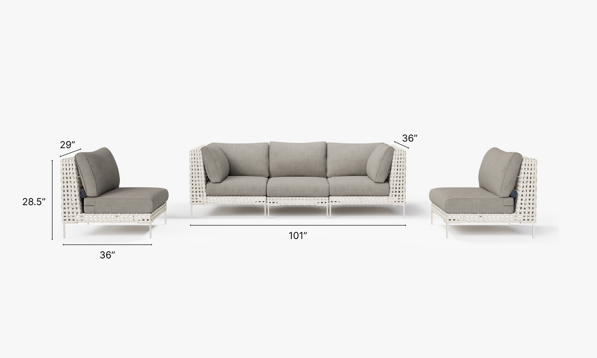 Open Weave Wicker Outdoor Sofa with Armless Chairs - 5 Seat in Sandstone Gray #color_sandstone gray