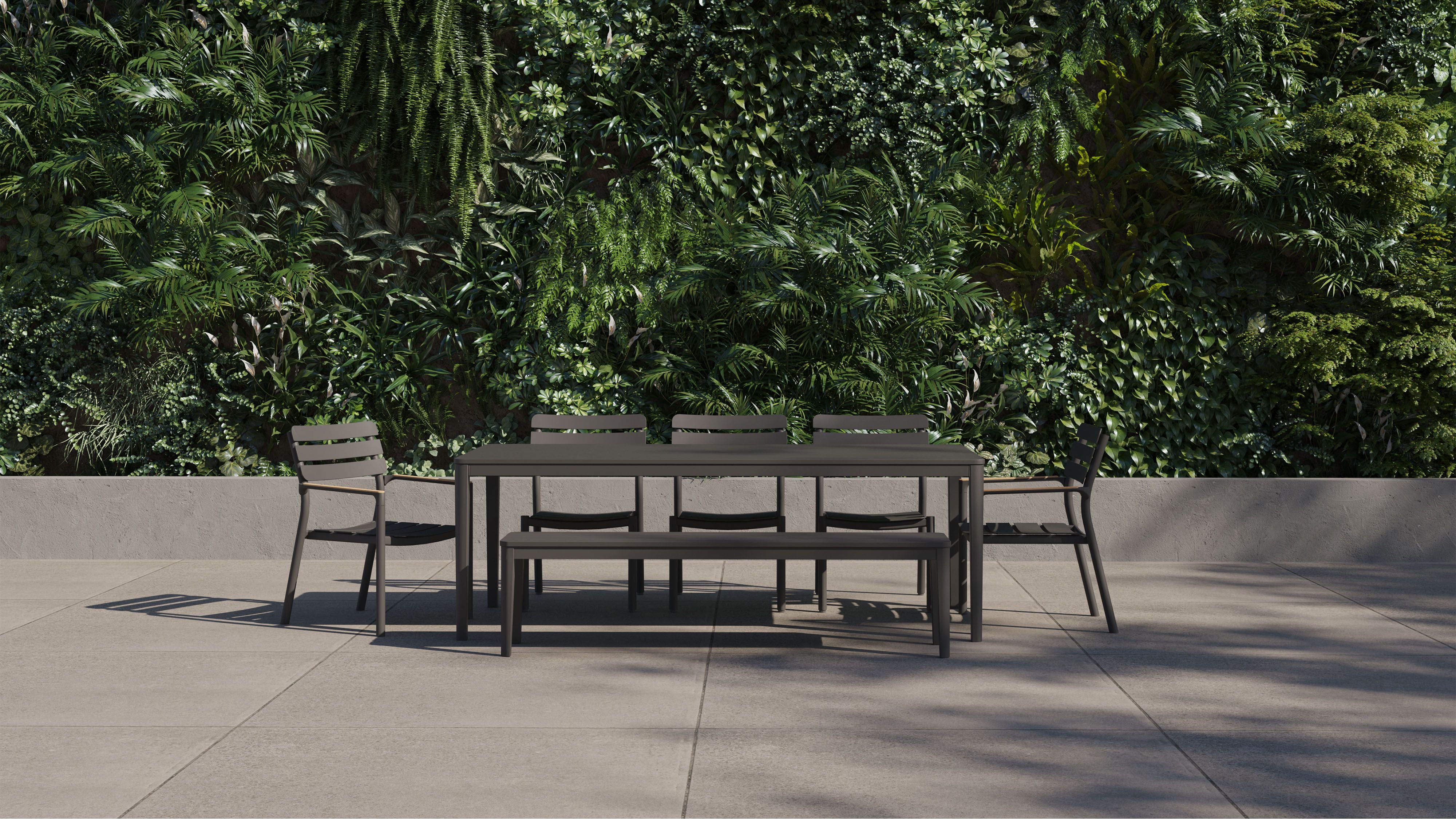 Aluminum Outdoor Rectangular Dining Table + 2 595 Armchairs + 3 595 Armless Chairs + Aluminum Dining Bench #color_charcoal