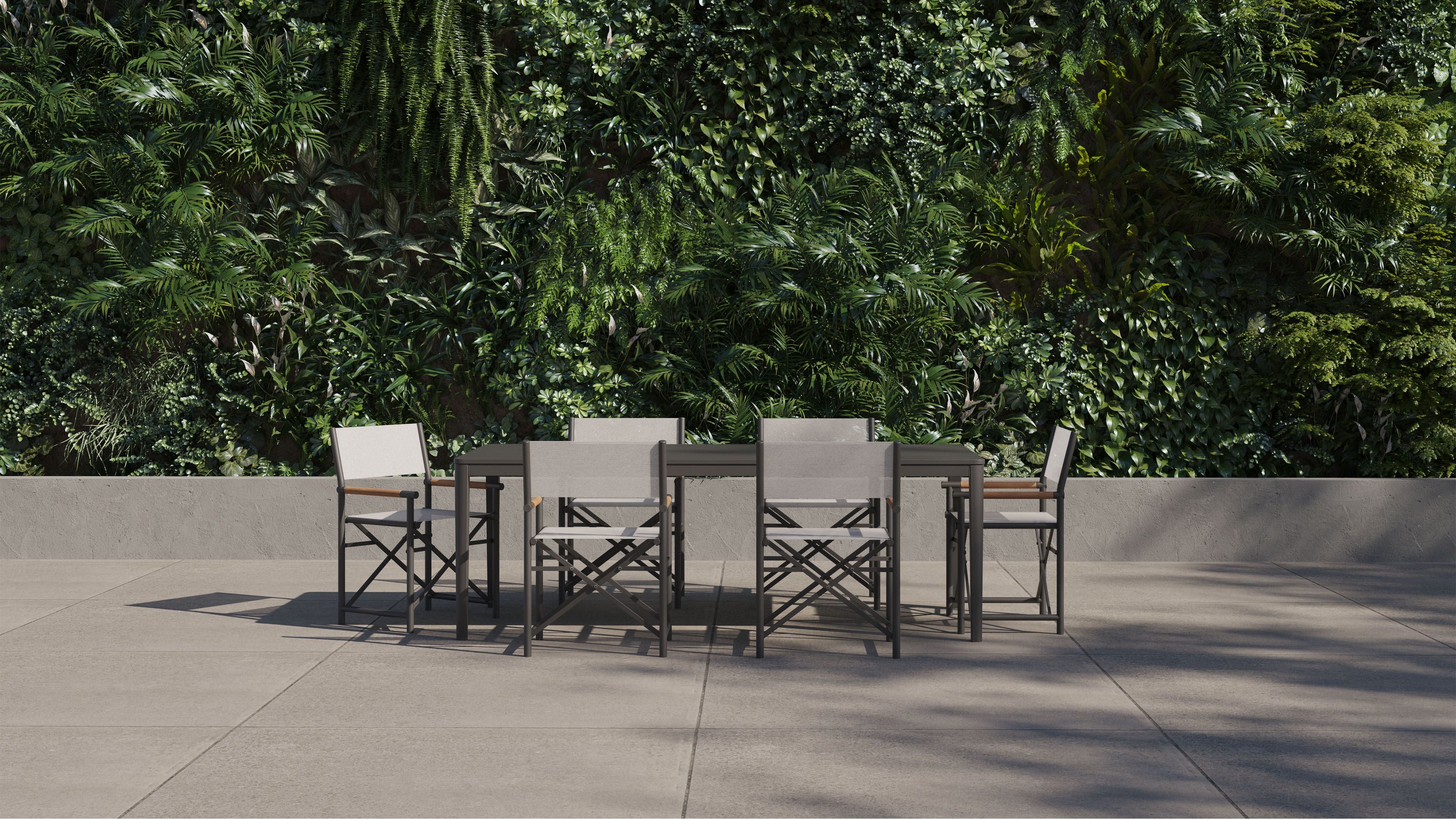 Aluminum Outdoor Rectangular Dining Table + 6 Aluminum Director's Chairs #color_charcoal