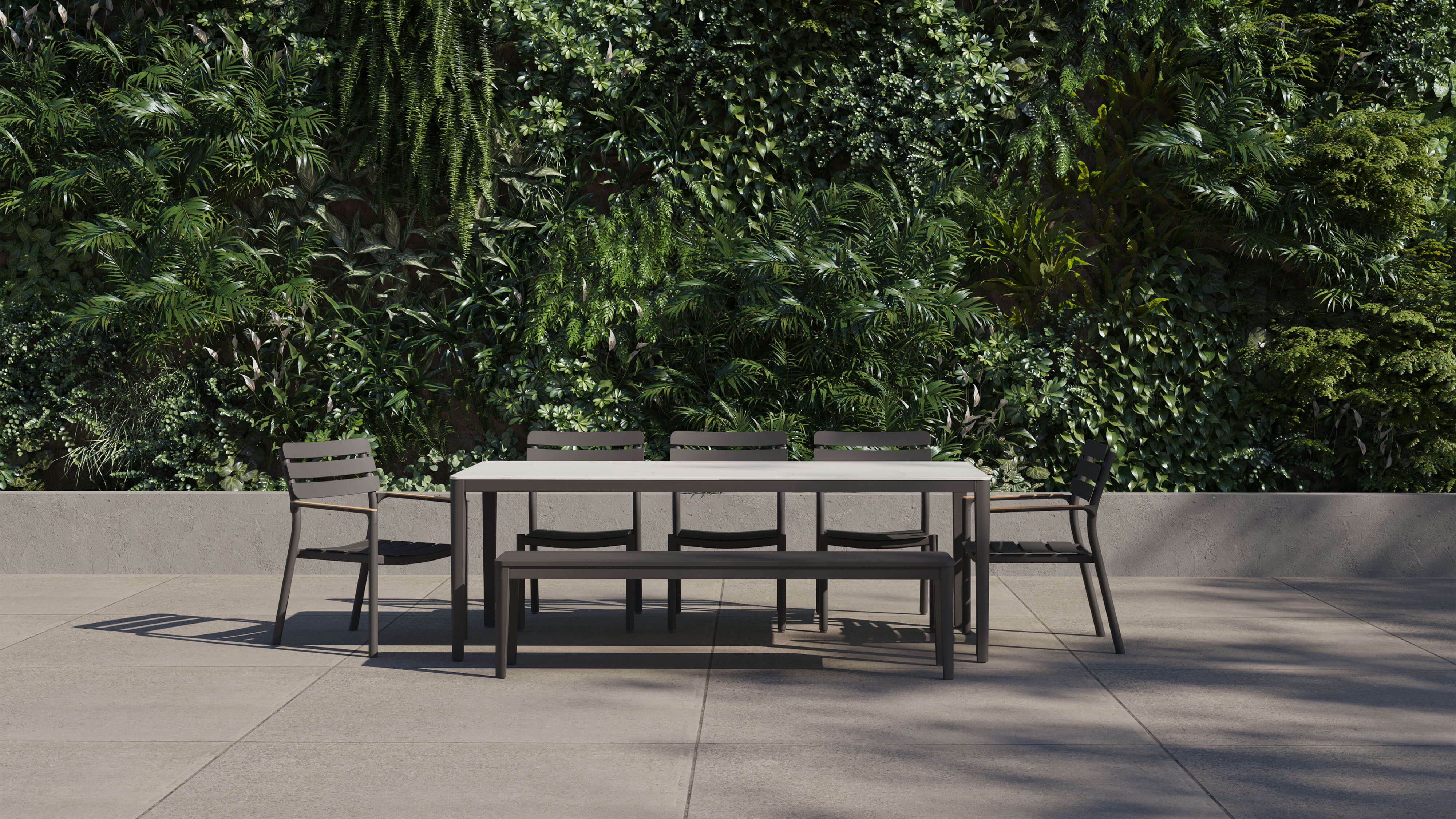 OuterStone Outdoor Dining Table + 2 595 Armchairs + 3 595 Armless Chairs + Aluminum Dining Bench #table color_glacier white