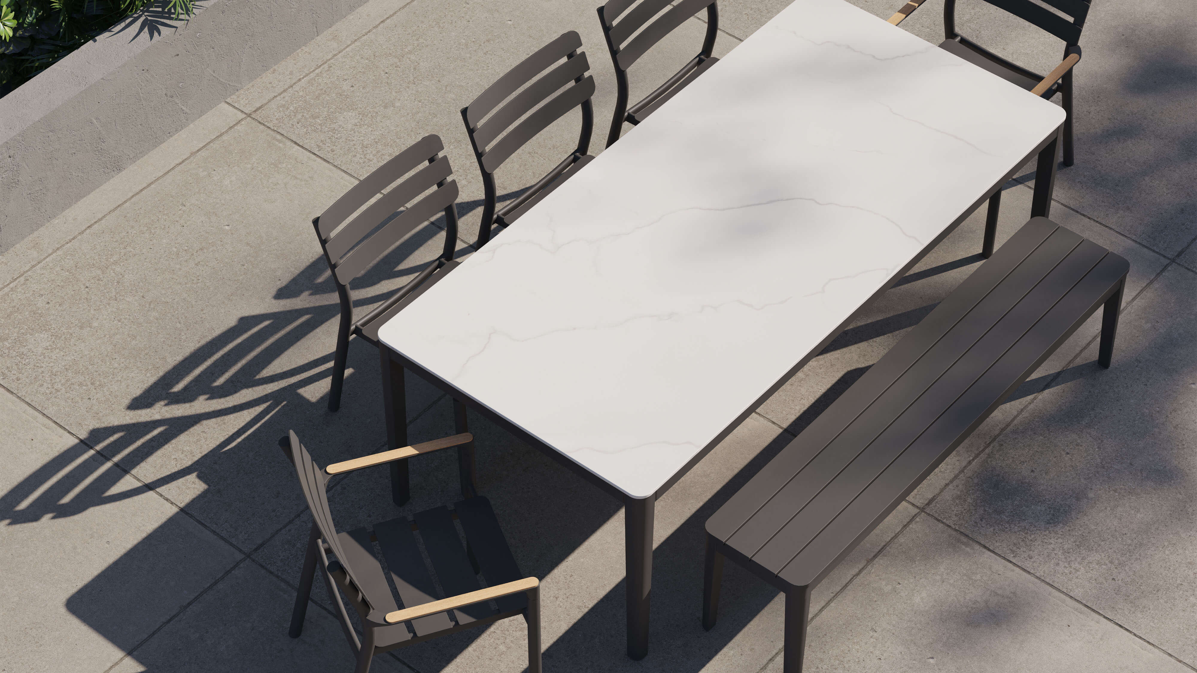 OuterStone Outdoor Dining Table + 2 595 Armchairs + 3 595 Armless Chairs + Aluminum Dining Bench #table color_glacier white