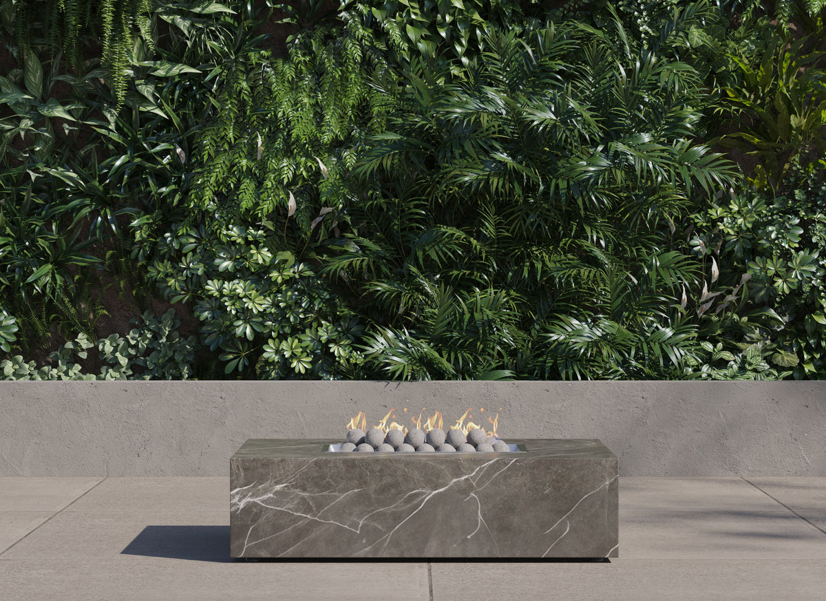 OuterStone rectangular fire pit table with flame lit